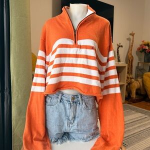 Tommy Hilfiger Orange & White Striped Half-Zip Cropped Sweater